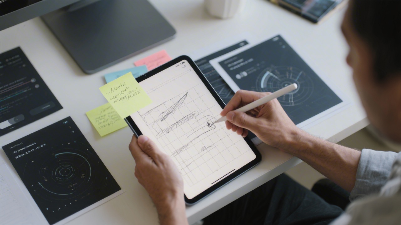 Close view of a designer sketching responsive grids on a tablet, with sticky notes, dark interface mockups, and a balanced workspace suggesting modern product design workflow.
