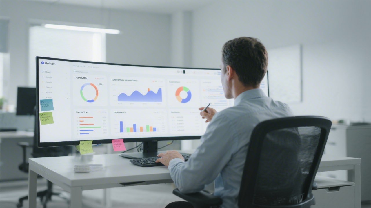 Marketing analyst reviewing performance dashboards on a wide monitor with notes on growth experiments and segmentation, in a clean office with soft lighting.