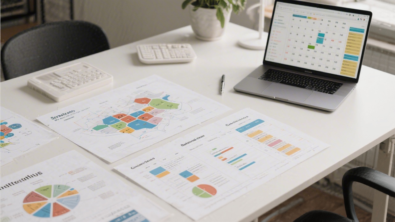 Strategic planning desk with printed audience maps, a laptop showing editorial calendars, and a clear focus on organizing research insights into content frameworks.